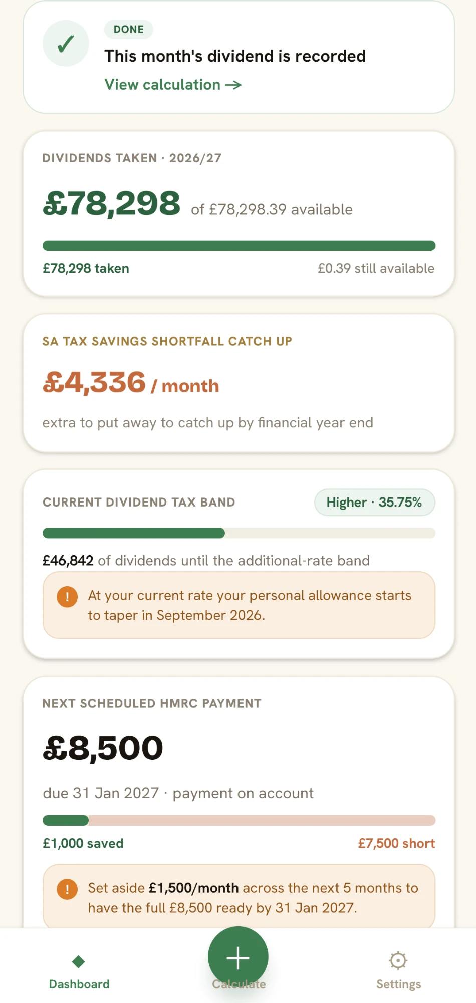 My Dividends on mobile — this month's dividend recorded, dividends taken this year, current tax band and the amount to set aside